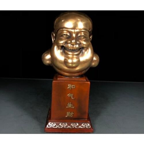 10"Tibet Buddhism Old Bronze Gilt Real gold silver Maitreya Buddha Head Smile often peace brings money Enshrine the Buddha