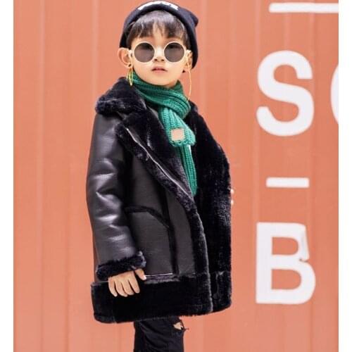 2019 Winter Kids Boy Girl PU Leather Faux Fur Jacket Children Plus Velvet Warm Outerwear Teen Boy Girl Thicken Parka Coat Q821