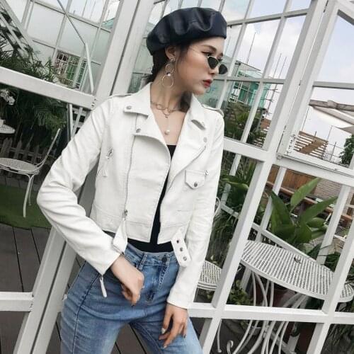 White Chic Epaulettes Faux PU Leather Jacket Female Autumn Slim Lapel Long Sleeve Casual Biker Jacket Women Black Short Outwear