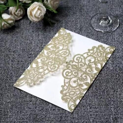 20pcs/lot Glitter Paper Wedding invitations Silver Gold Laser Cut Wedding Invitation Card with Blank inner card Universal Cards