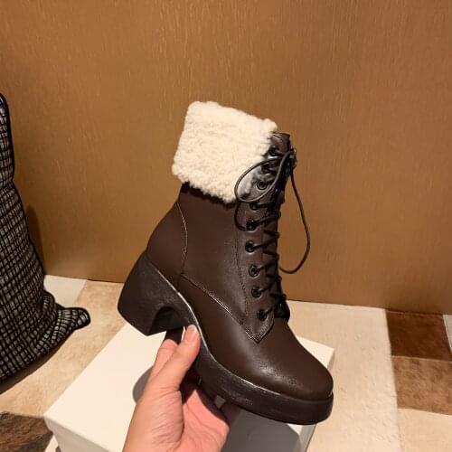 100% Cow Leather Round Toe Cross-tied High Heels Lace Up Big Size Handsome Girl Keep Warm Ankle Boots Platform Shoes