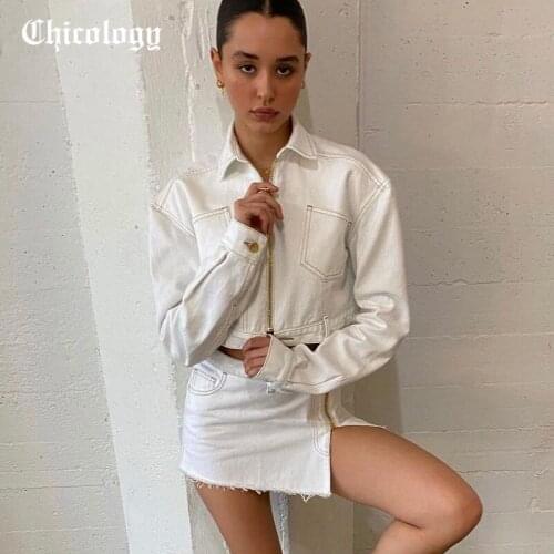 Chicology 2021 Autumn Summer Solid Bandage Y2K Zipper Sweatshirt Mini Skirts 2 Pieces Sets Women Streetwear Casual Outfits