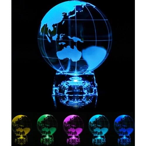 Coloruful Crystal Earth Miniature Model Laser Engraved Crystal Ball Glass Globe With Led Stand Ornament Home Decor