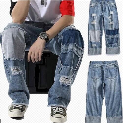 Men Streetwear Denim Pant Men Beggar Baggy Jeans Mens jeans hole Hip hop patch jeans Ripped Knee Jeans