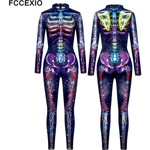 FCCEXIO 7 Colors 3D Skull Skeleton Printed Bodysuit Halloween Costume For Women Outfit Fancy Dress Clothing Adult Suit S-XL