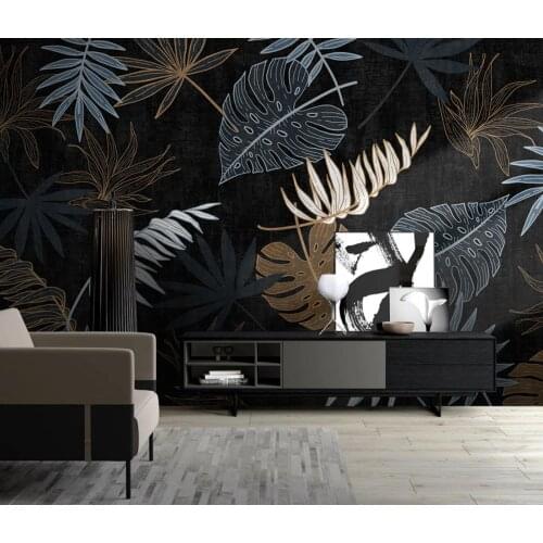 Custom size mural light luxury tropical plant leaves TV background wall furniture decoration black background mural 3d wallpaper