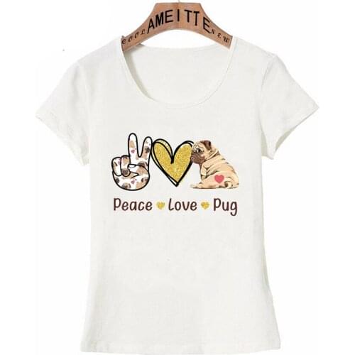 Hipster Cool Women T Shirt Peace Love Pug Print T-Shirt Funny Animal Cartoon Design Cute Girl Casual Tees Fashion Woman Tops