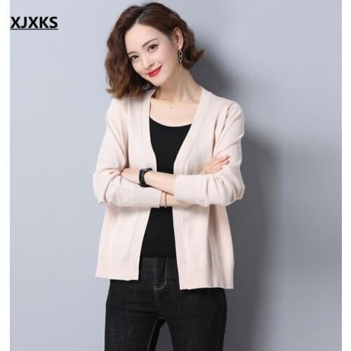 XJXKS Fashion V-neck Women Cardigan Sweater 2021 Spring Autumn New High Quality Wool Knitted Sweater Women Coat