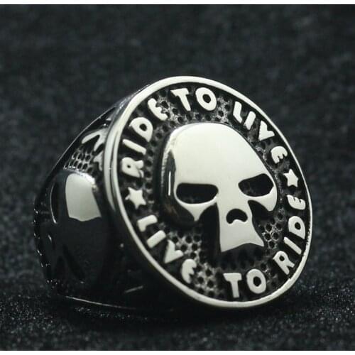 Unisex 316L Stainless Steel Cool Rider to Live, Live to Rider Flaming Biker Skull Ring
