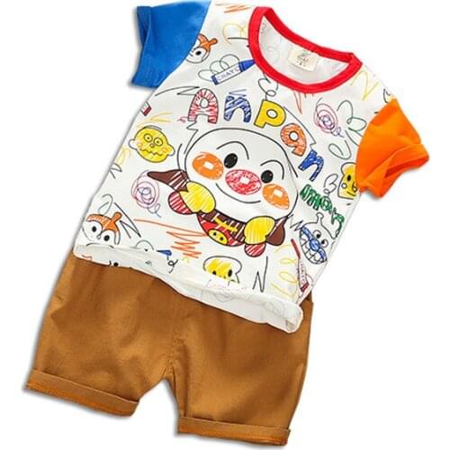 Boys suit Summer suit 2019 Childrens round collar color matching short sleeve baby cartoon shorts two-piece suit 1-4 years old