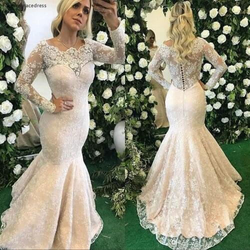 Mermaid Lace Wedding Dress Vintage Illusion Long Sleeves Bridal Gown Plus Size Custom Made