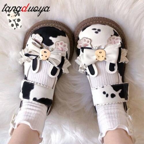 Cow grain Sweet Girls Anime Cosplay Lolita Shoes bow Jk uniform Platform Japanese Anime Cat Paw Design Harujuku Kawaii Cute shoe