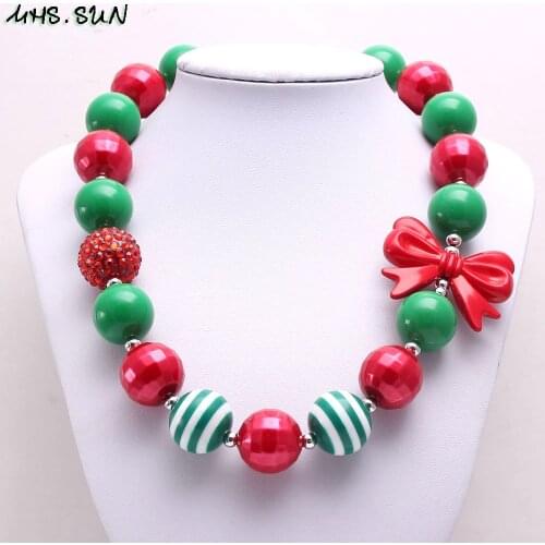 MHS.SUN Christmas Fashion kids baby chunky bubblegum beads necklace 1pc handmade red bowknot chain necklace jewelry girls gift