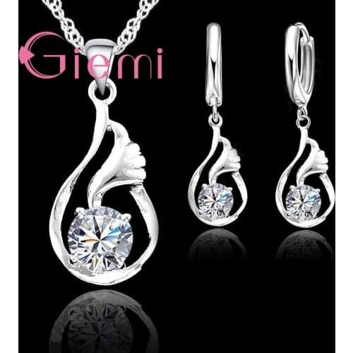 925 Sterling Silver Charming Drop and Flying Wing Shape Crystal Stone Earring Necklace Ceremony Jewelry Set