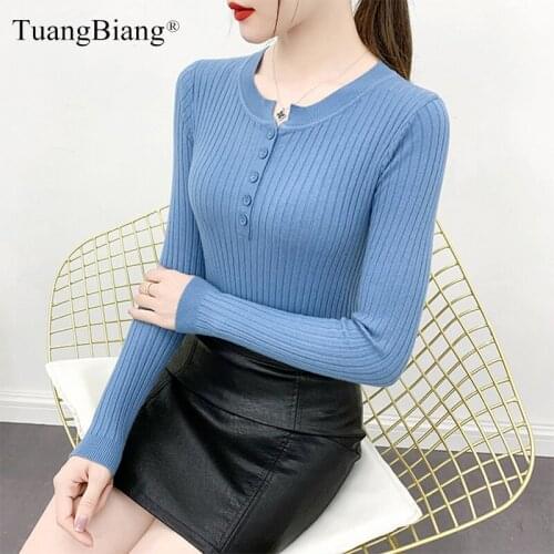 Single Breasted Women Button V-Neck Sweater Elegant 2021 New Knitted Basic Elasticity Long Sleeve Pullover Ladies Ribbed Jumpers