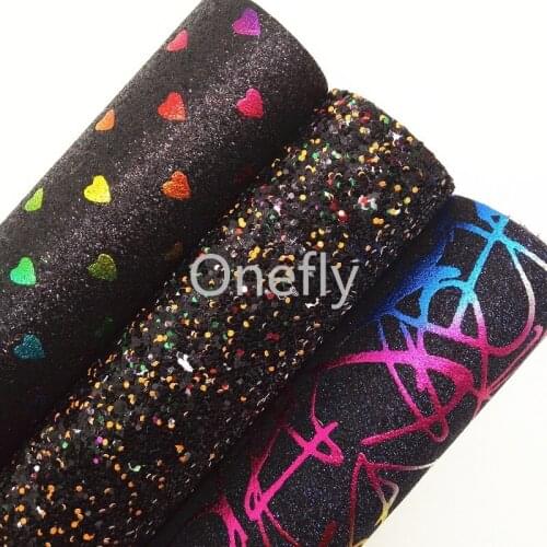 Onefly 21X29CM Black Glitter Fabric, Hearts Printed Glitter Leather Fabric Sheets For Bow DIY handbags shoes DQ030