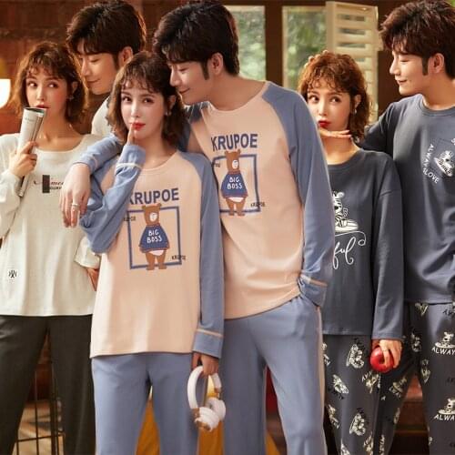 Couples Long Sleeve Cotton Pajama Sets For Women 2021 Autumn Korean Cute Cartoon Sleepwear Suit Pyjama Men Homewear Home Clothes