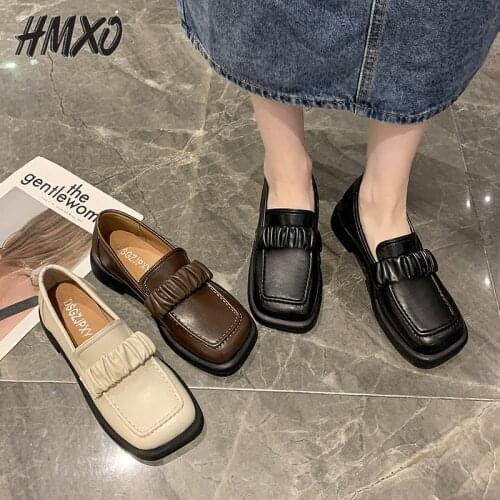 HMXO Casual Retro Square Toe Mid-mouth Thick Heel Mid-heel Loafers Round Head Fairy Shoes Soft Leather Platform Shoes Women Shoe