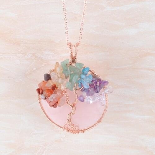 Rose Quartzs Cabochon Stone Tree of Life Pendant Rose Gold Color Wire Wrap Chips Wisdom Tree Healing Necklace Chain 45cm QN4245