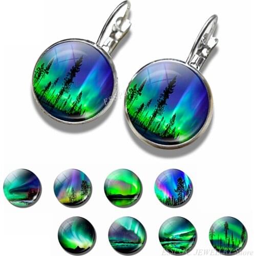 Northern Lights Earring Fashion France Stud Earrings Round 16MM Glass Cabochon Jewelry Delicate Ear Hook Women Lover Gift