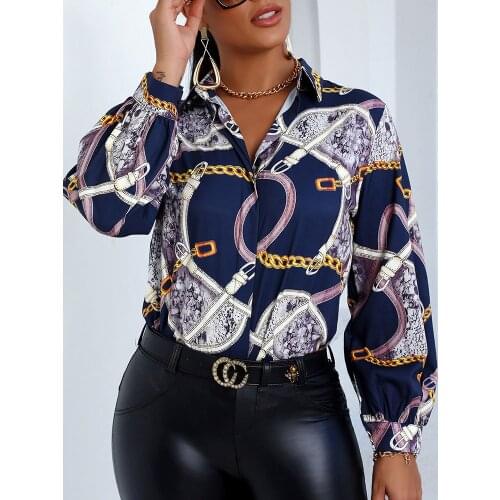 Oversize Fashion Women Spring Casual Turn-down Collar Scarf Print Lont Sleeve Tops Buttoned Lantern Sleeve Shirt Plus Size