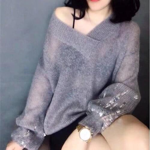 Casual Sweater Loose 2021 Pullover v-neck Spring Autumn Solid Color Lantern Sleeves Sequined Sweaters Vestidos LXJ781
