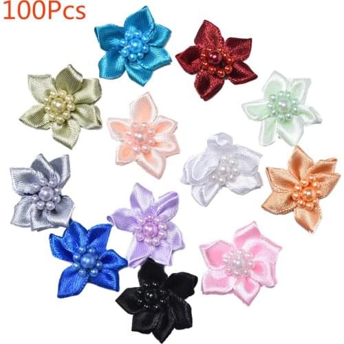 100Pcs DIY Ribbon Rose Pearl Wedding Flower Satin Decoration Appliques Craft Sewing Leaves Fabric For Cloth Ornament Decor