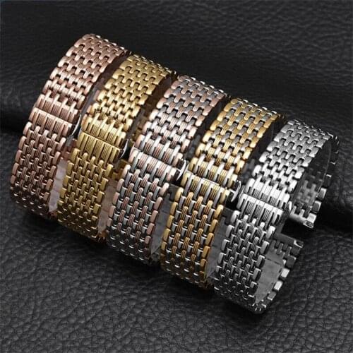 Thin Pattern Universal 316L Stainless Steel Watchband 14 16 18 20 22mm Silver Gold Deployment Buckle Bracelet For Quartz Watch