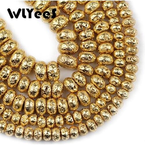 WLYeeS Natural Stone Beads DIY Plating 14 Gold Volcanic Lava Beads Lava Stone 6 8 10mm Flat Round Loose beads for Jewelry Making