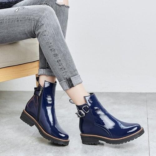 YMECHIC Fashion Faux Patent Leather Chunky Heel Womens Boots Buckle Blue Black White Winter Ladies Shoes Ankle Boot Plus Size