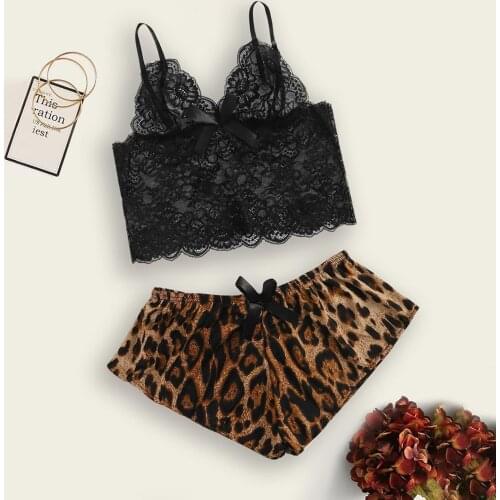 Women Leopard Sleepwear Sexy Lace Lingerie Silk Satin Nightwear Soft Underwear Pajamas Female Ladies Shorts Sets pijama mujer d4