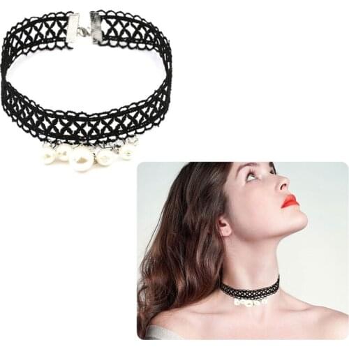ANIWON Women Lace Choker Fashion Vintage Wide Faux Pearl Decor Gothic Lace Necklace Choker Necklace Clavicle Chain Necklace