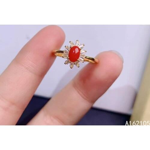 925 pure silver Chinese style natural Akase Red Coral womens fresh elegant flower oval adjustable gem ring fine jewelry support