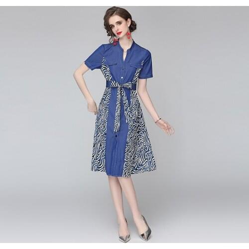 JSXDHK Fashion Summer Denim Patchwork Leopard Print Dress Designer Women Sexy V Neck Single Breasted Lace Up Belt Shirt Dresses
