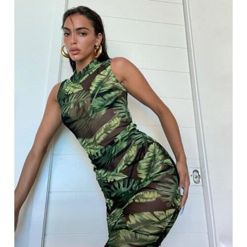 2021 Summer Holiday Sexy Fashion Print Mesh See Through Dress Women Club Party Sleeveless Bodycon Buttocks Dresses Vestido