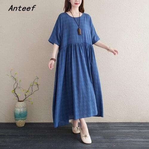 Short sleeve cotton vintage plaid dresses for women casual loose long woman summer dress elegant clothes 2021 sundress