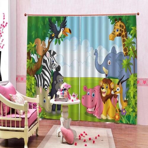 Photo Digital Printing Blackout 3D Curtain For Childrens room Bedroom Cartoon zoo Indoor Drapes Sets (Left and Right Side)