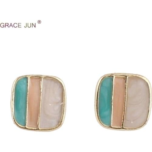 GRACE JUN Korea Style Faashio 3 Color Enamel Geometric Shape Clip on Earrig for Women Charm Cute No Pierced Earrings Not Allergy