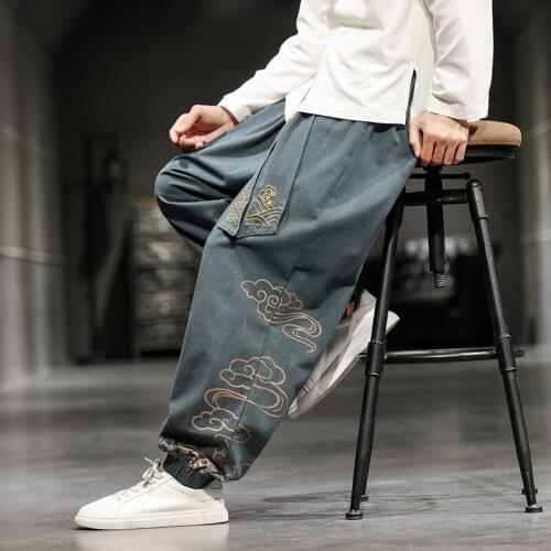 2021 Mens Oversize Wied Leg Pants Harajuku Cotton Linen Casual Trousers Male Embroidery New Men Jogging Sweatpants Streetwear
