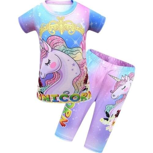 Childrens clothing Unicorn Girls Summer Fashion Cartoon Pajamas Pants Cotton Suit Baby T Shirt Kids 2 3 4 5 6 7 8 9 10 Years