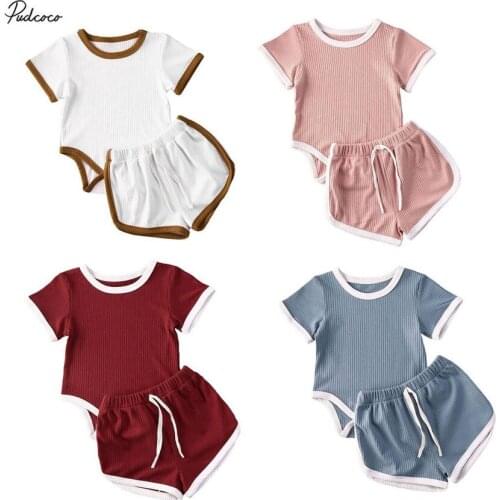 2020 Summer Cotton Toddler Baby Girl Clothes Knitted Short Sleeve Tops Romper Short Pants Outfits 2pcs Baby Set For Boys Girls