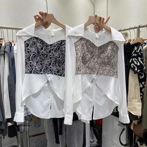 Korean White long Sleeve Blouse Shirt Patchwork 2021 Fashion Women Blouses Tops New