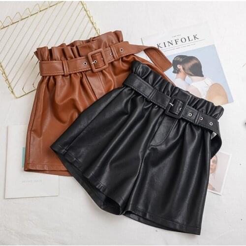 2021 Hot Winter New Women Orange Color Pu Bermuda Shorts Faux Leather Belted Shorts