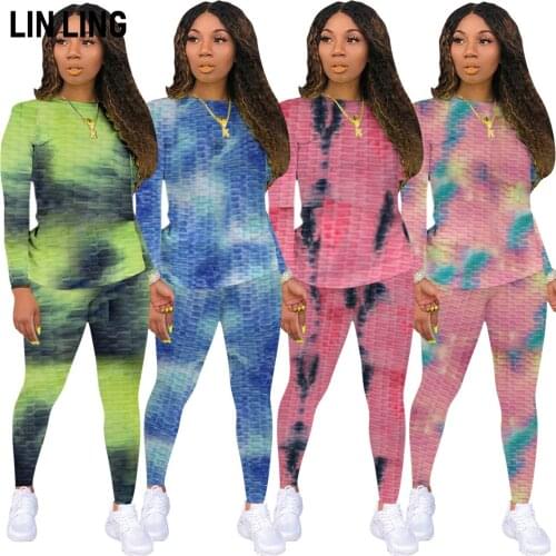 2021 Spring Casual Wear Waffle Pattern Tight Tie Dye Tapered Long Sleeve Pants Fashion Two Piece Set