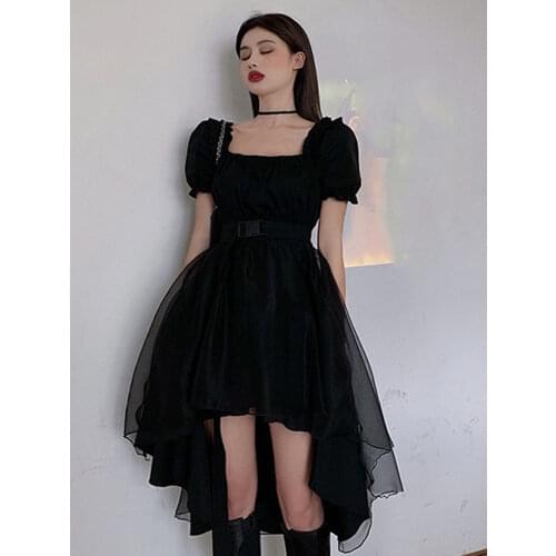 Harajuku Women High Low Dress Vintage 2021 Summer Female Short Sleeve Irregular Black Gothic Dresses Casual Mini Party Vestidos