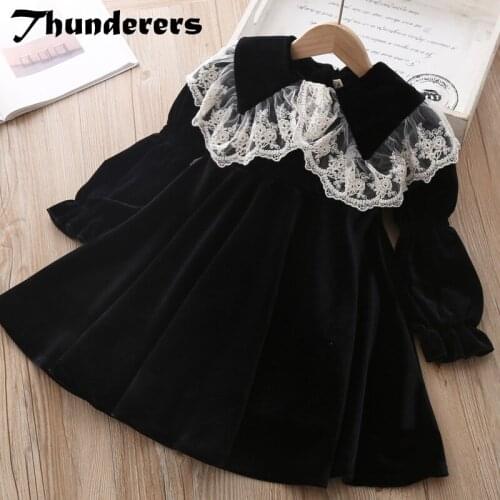 Thunderers Fashion Winter Children Princess Dresses Long Sleeve Lace Girl Princess Dress Gold Velvet Casual Girl Party Clothes