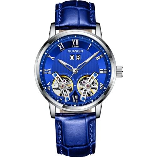 GUANQIN Watch Men GJ16157, Twin Flywheels Automatic Mechanical Watches, 5atm Waterproof Luminous Hands Date Leather Blue Watches