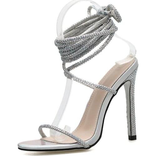 2021 New Silver bling crystal sexy sandals for women open toe rhinestone strap cross high heel sandals wedding dress shoes size