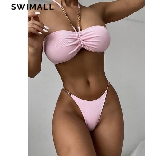 2021 New Chain Bandeau Bikini Swimsuit Women Swimwear Brazilian Bikini Set Ribbed Bather Bathing Suit Beach Wear Female