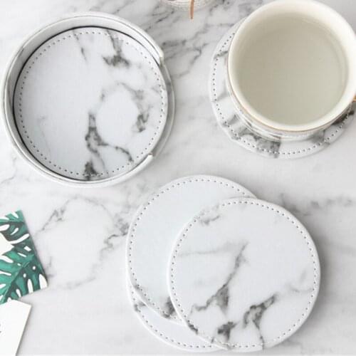 Creative Marble PU Leather Coaster Drink Coffee Cup Mat Tea Pad Dining Table Placemats Table Black White Chic Decoration 6PCS